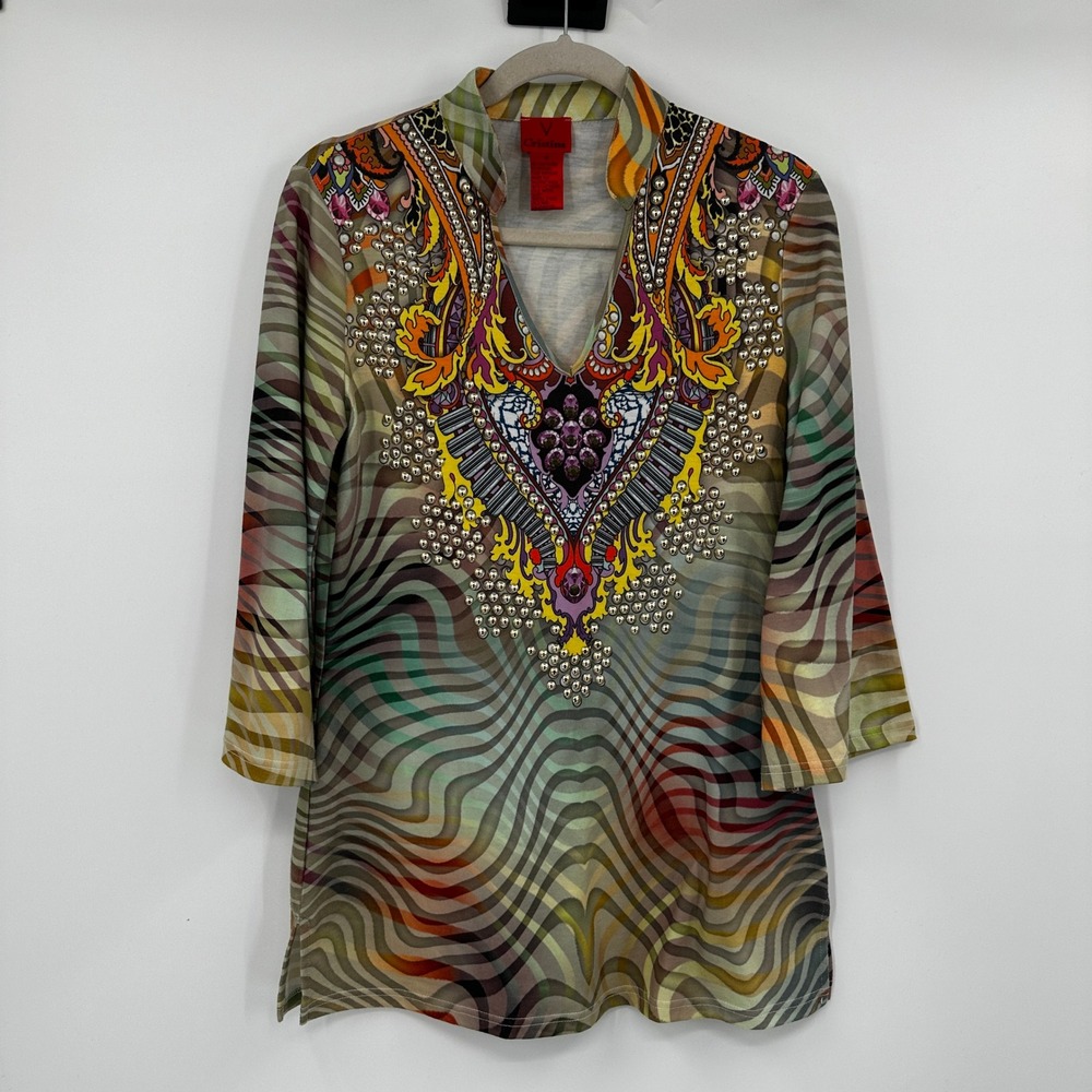 V Cristina Embellished Tunic Top V-Neck 3/4 Sleeve Psychedelic Print Medium
